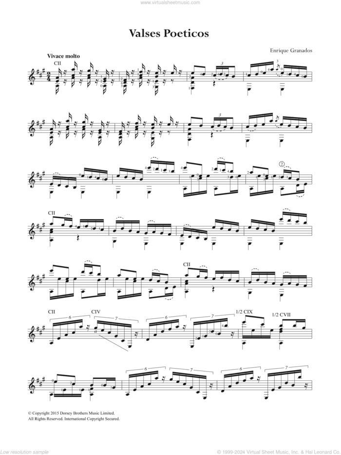 Valses Poeticos sheet music for guitar solo (chords) by Enrique Granados, classical score, easy guitar (chords)