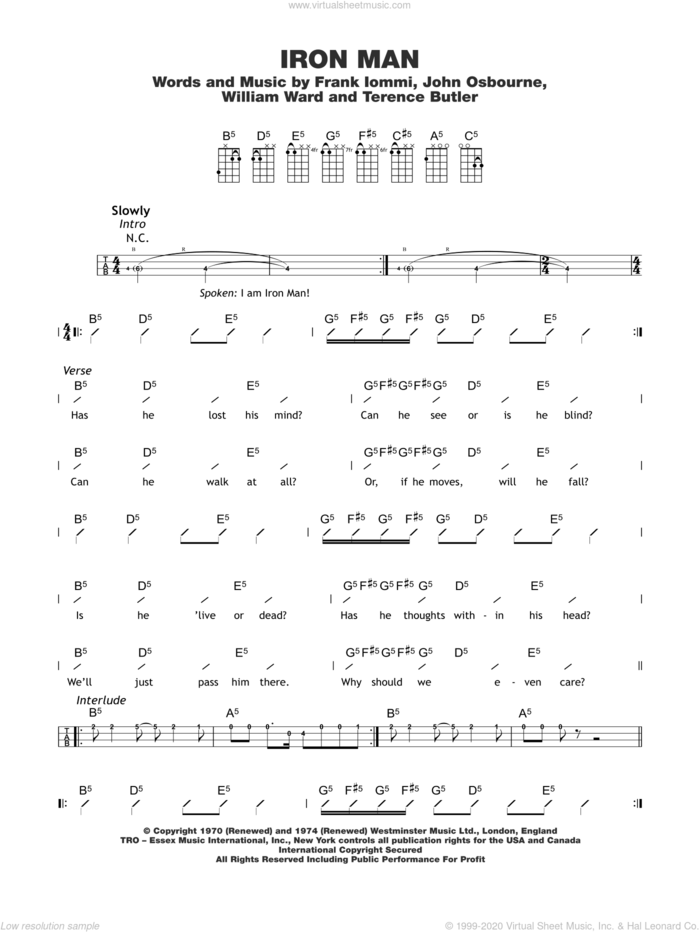 Iron Man sheet music for ukulele (chords) by Black Sabbath, Frank Iommi, John Osbourne, Terence Butler and William Ward, intermediate skill level