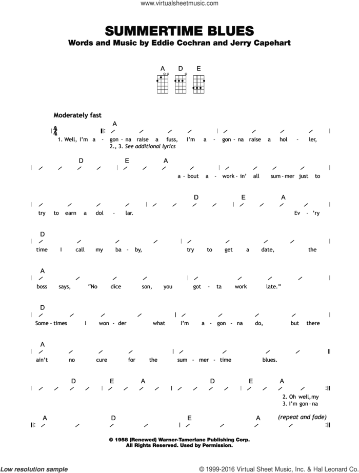 Summertime Blues sheet music for ukulele (chords) by The Who, Eddie Cochran and Jerry Capehart, intermediate skill level