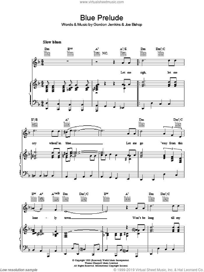 Blue Prelude sheet music for voice, piano or guitar by Gordon Jenkins and Joe Bishop, intermediate skill level