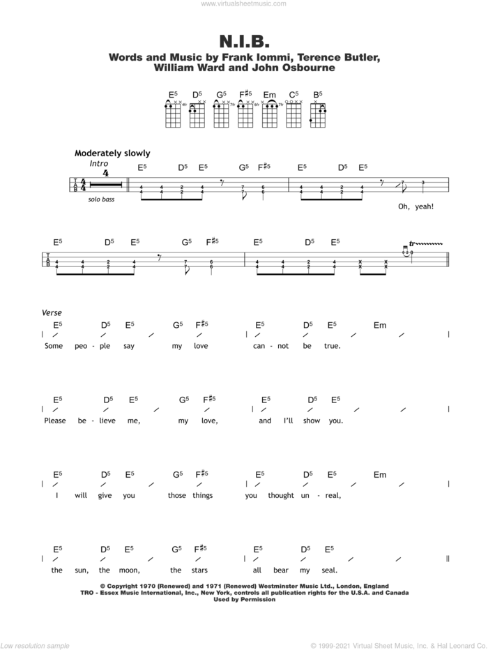 N.I.B. sheet music for ukulele (chords) by Black Sabbath, Frank Iommi, John Osbourne, Terrence Butler and William Ward, intermediate skill level