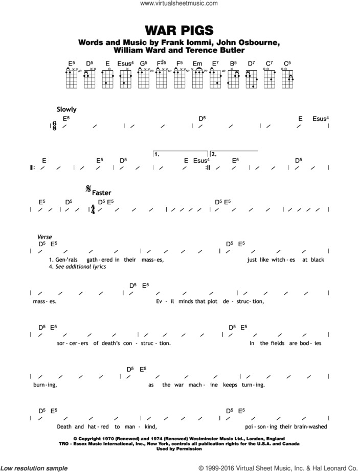 War Pigs sheet music for ukulele (chords) by Black Sabbath, John Osbourne, Terence Butler, Tony Iommi and William Ward, intermediate skill level