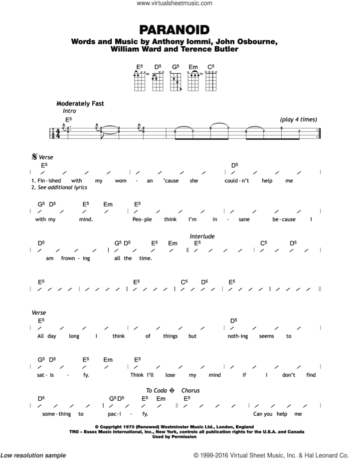 Paranoid sheet music for ukulele (chords) by Black Sabbath, Bill Ward, Ozzy Osbourne and Tony Iommi, intermediate skill level