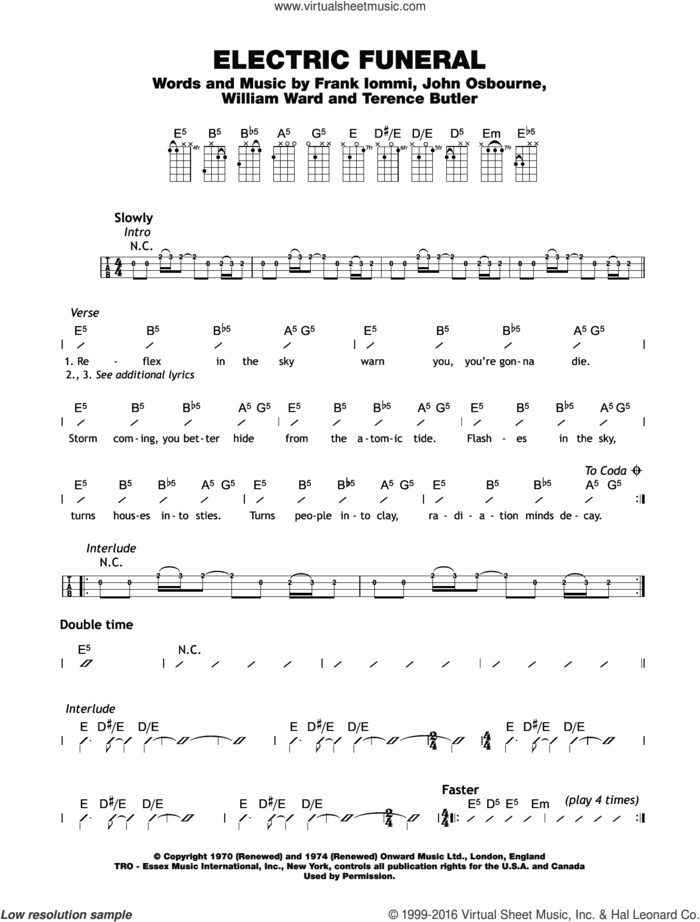 Electric Funeral sheet music for ukulele (chords) by Black Sabbath, Frank Iommi, John Osbourne, Terrence Butler and William Ward, intermediate skill level