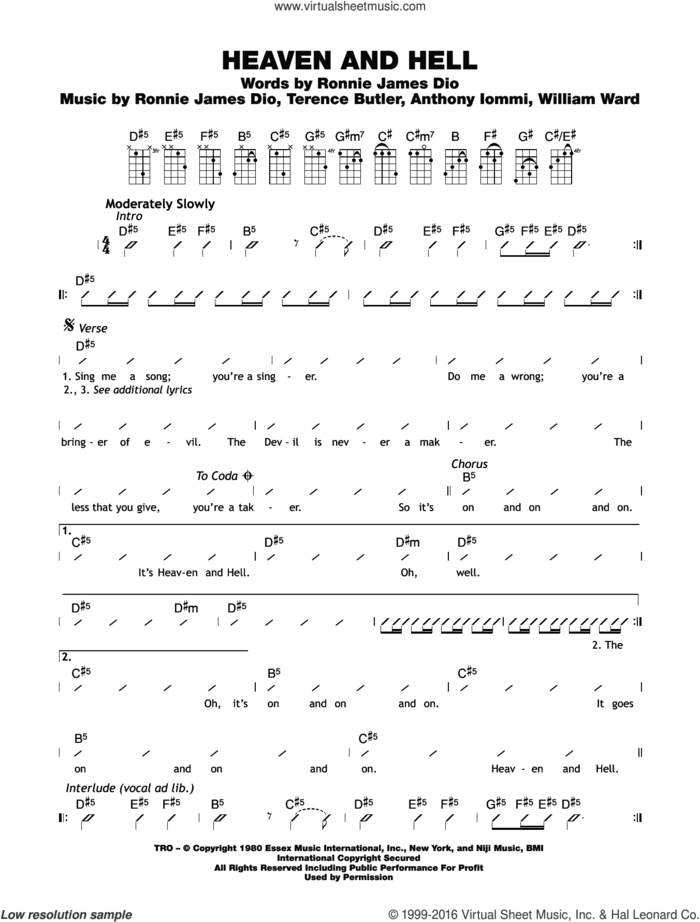 Heaven And Hell sheet music for ukulele (chords) by Black Sabbath, Frank Iommi, Ronnie Dio, Terence Butler and William Ward, intermediate skill level