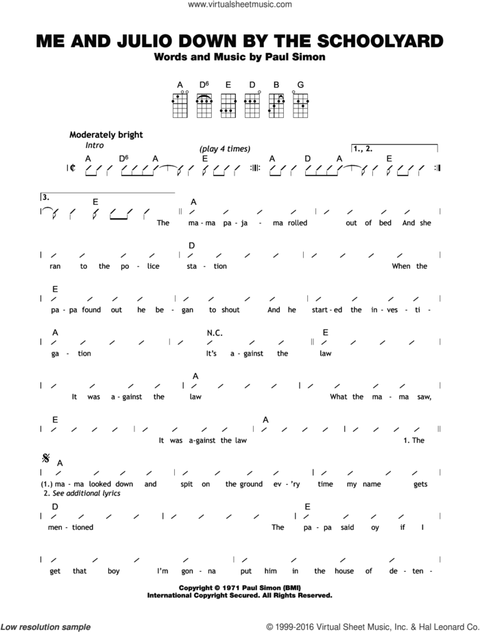 Me And Julio Down By The Schoolyard sheet music for ukulele (chords) by Paul Simon, intermediate skill level