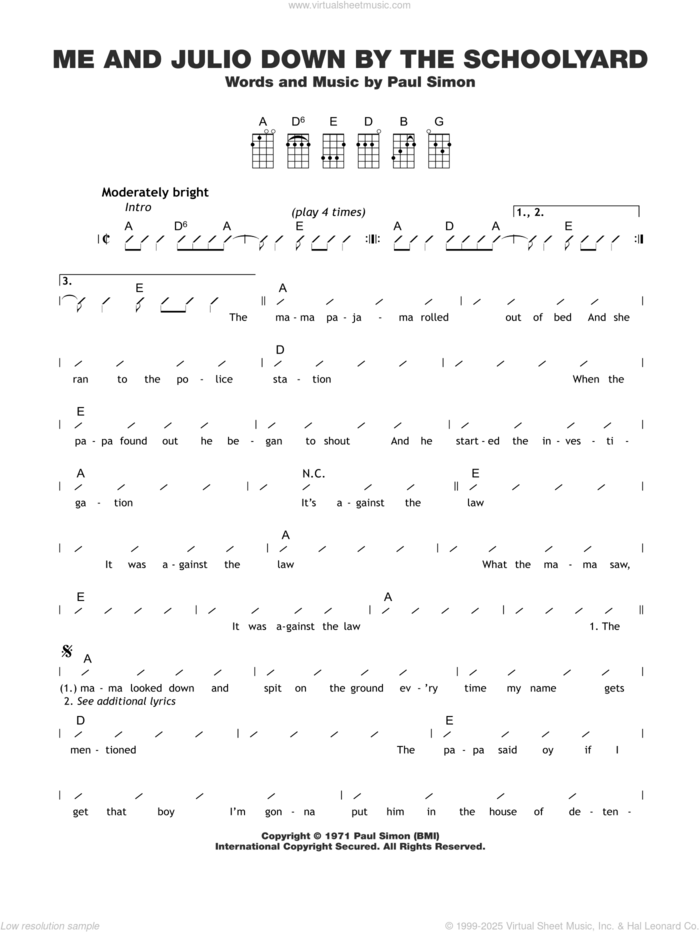 Me And Julio Down By The Schoolyard sheet music for ukulele (chords) by Paul Simon, intermediate skill level