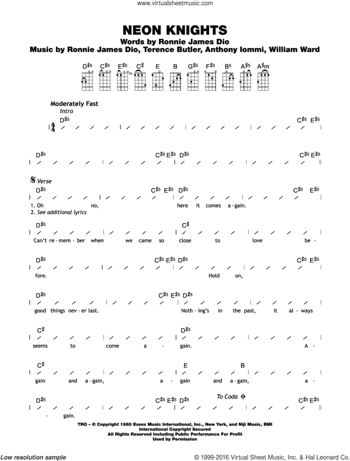Neon Knights sheet music for ukulele (chords) by Black Sabbath, Ronnie Dio, Terrence Butler, Tony Iommi and William Ward, intermediate skill level