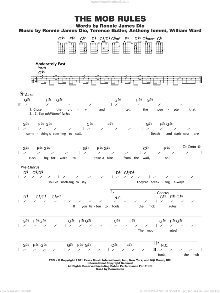 The Mob Rules sheet music for ukulele (chords) by Black Sabbath, Ronnie Dio, Terrence Butler and Tony Iommi, intermediate skill level