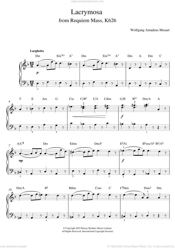 Lacrymosa from Requiem Mass, K626 sheet music for voice, piano or guitar by Wolfgang Amadeus Mozart, classical score, intermediate skill level