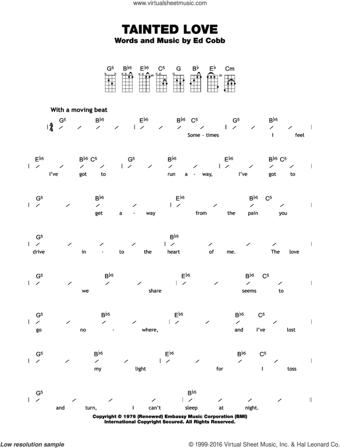 Tainted Love sheet music for ukulele (chords) by Soft Cell, Marilyn Manson and Ed Cobb, intermediate skill level