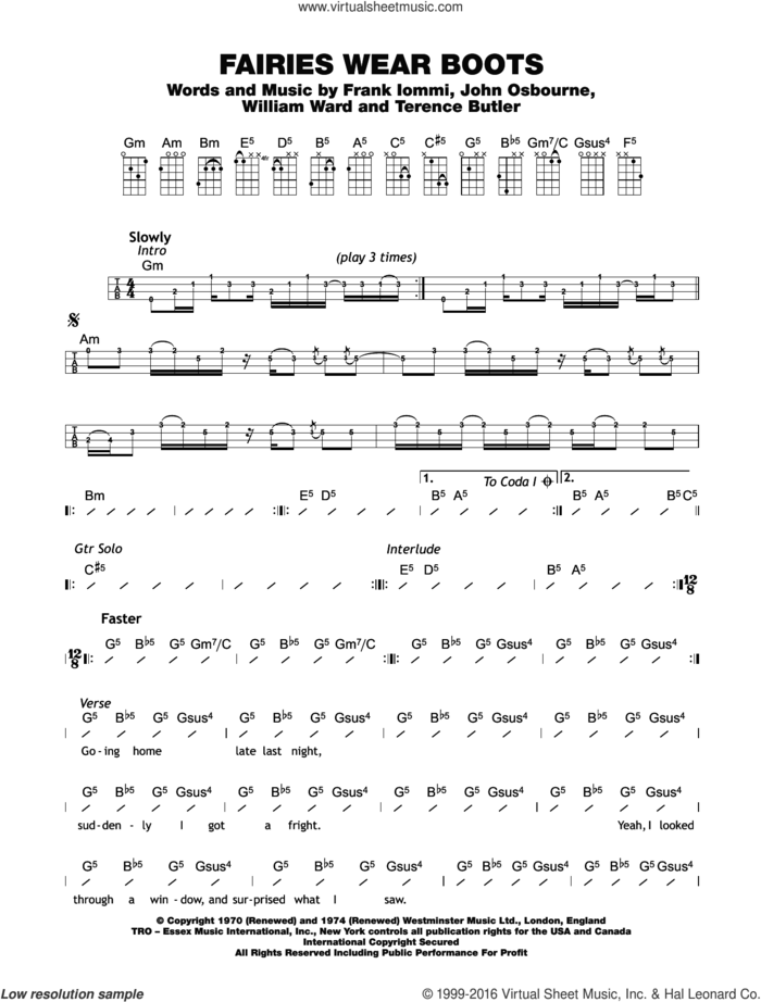 Fairies Wear Boots sheet music for ukulele (chords) by Black Sabbath, Ozzy Osbourne, Terrence Butler, Tony Iommi and William Ward, intermediate skill level