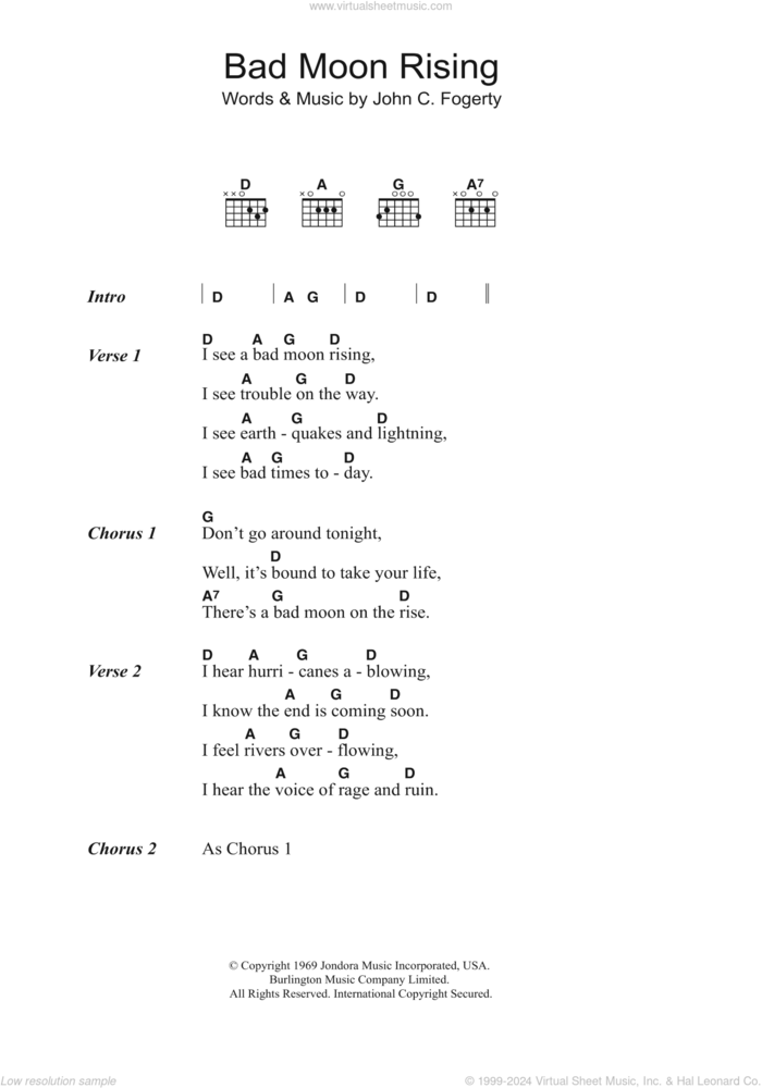 Bad Moon Rising sheet music for guitar (chords) by Creedence Clearwater Revival and John Fogerty, intermediate skill level