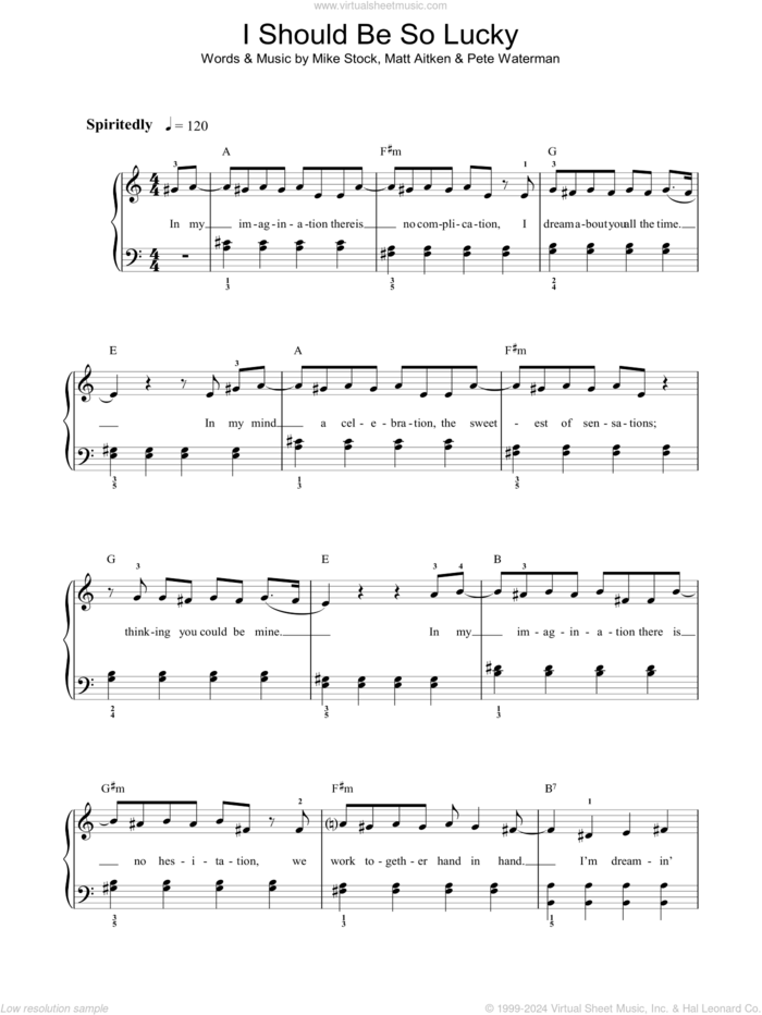 I Should Be So Lucky sheet music for voice, piano or guitar by Kylie Minogue, Matt Aitken, Mike Stock and Pete Waterman, intermediate skill level