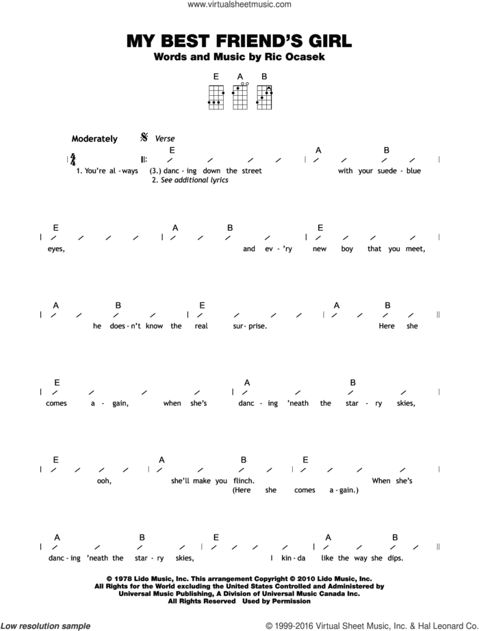 My Best Friend's Girl sheet music for ukulele (chords) by The Cars and Ric Ocasek, intermediate skill level