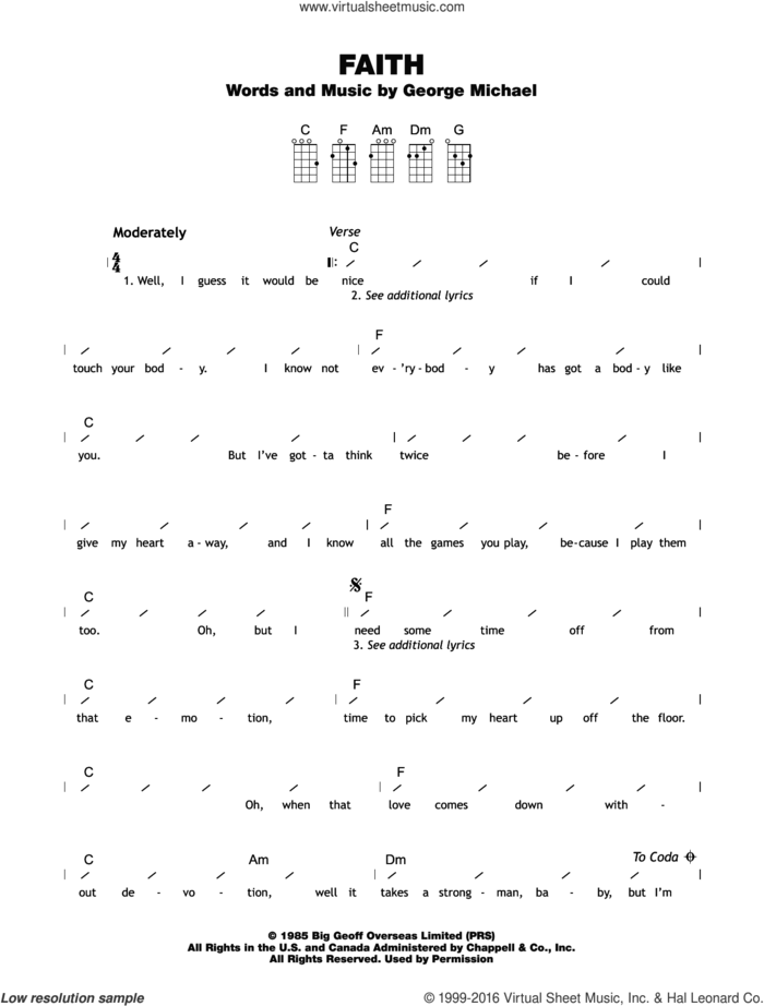 Faith sheet music for ukulele (chords) by George Michael, intermediate skill level