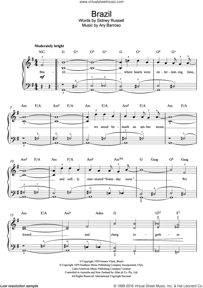Brazil sheet music for piano solo by Ary Barroso and Sidney Russell, easy skill level