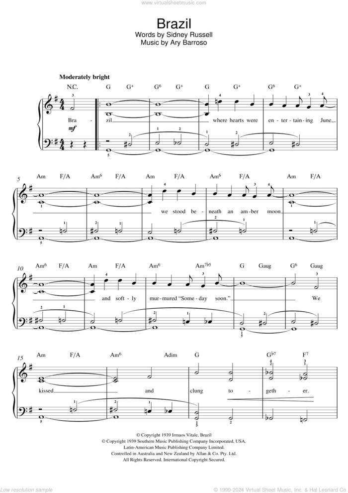 Brazil, (easy) sheet music for piano solo by Ary Barroso and Sidney Russell, easy skill level