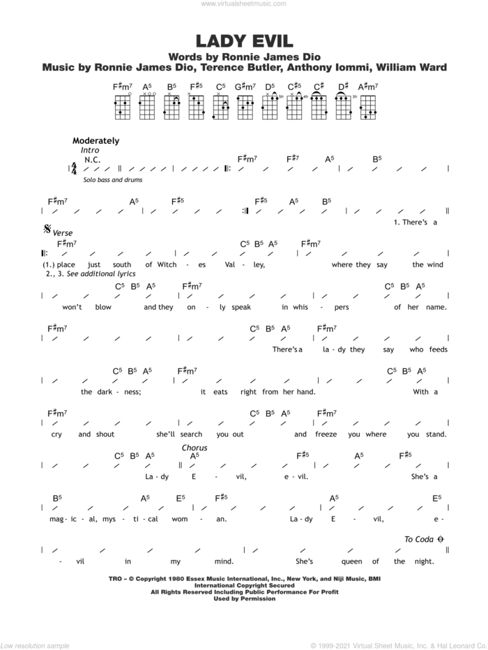Lady Evil sheet music for ukulele (chords) by Black Sabbath, Ronnie Dio, Terence Butler, Tony Iommi and William Ward, intermediate skill level