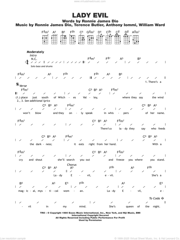 Lady Evil sheet music for ukulele (chords) by Black Sabbath, Ronnie Dio, Terence Butler, Tony Iommi and William Ward, intermediate skill level