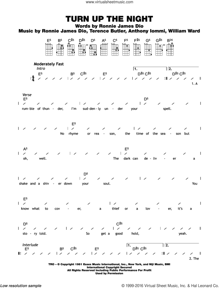 Turn Up The Night sheet music for ukulele (chords) by Black Sabbath, Frank Iommi, Ronnie Dio and Terrence Butler, intermediate skill level