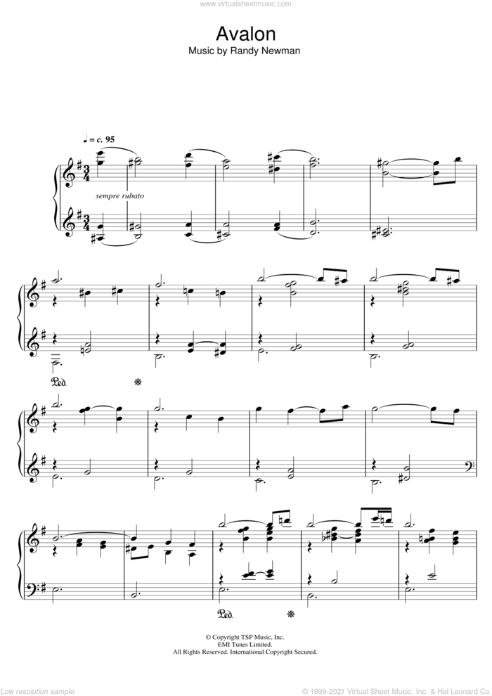 Avalon sheet music for piano solo by Randy Newman, intermediate skill level
