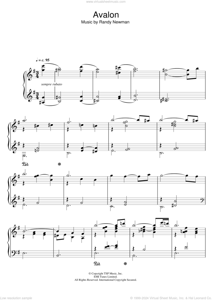 Avalon sheet music for piano solo by Randy Newman, intermediate skill level