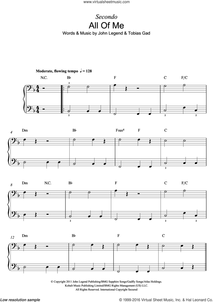 All Of Me sheet music for piano four hands by John Legend and Toby Gad, intermediate skill level