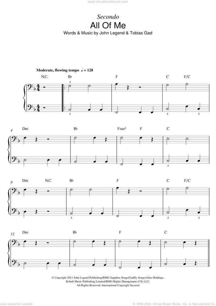 All Of Me sheet music for piano four hands by John Legend and Toby Gad, wedding score, intermediate skill level