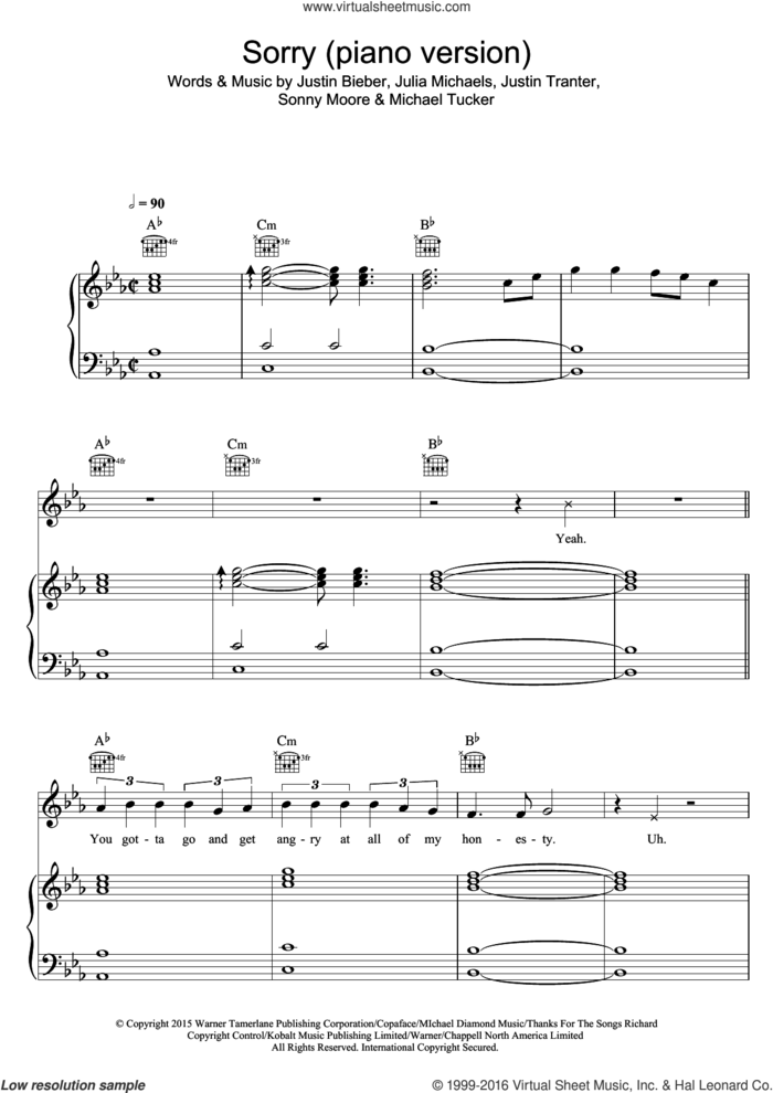 Sorry (piano version) sheet music for voice, piano or guitar by Justin Bieber, Julia Michaels, Justin Tranter, Michael Tucker and Sonny Moore, intermediate skill level