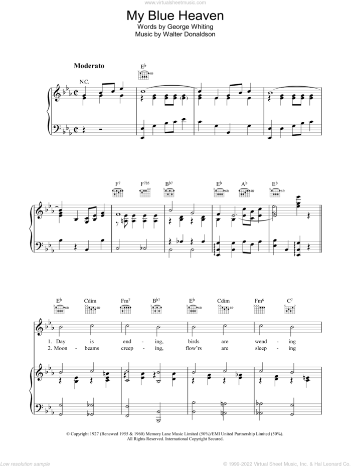 My Blue Heaven sheet music for voice, piano or guitar by Walter Donaldson and George Whiting, intermediate skill level