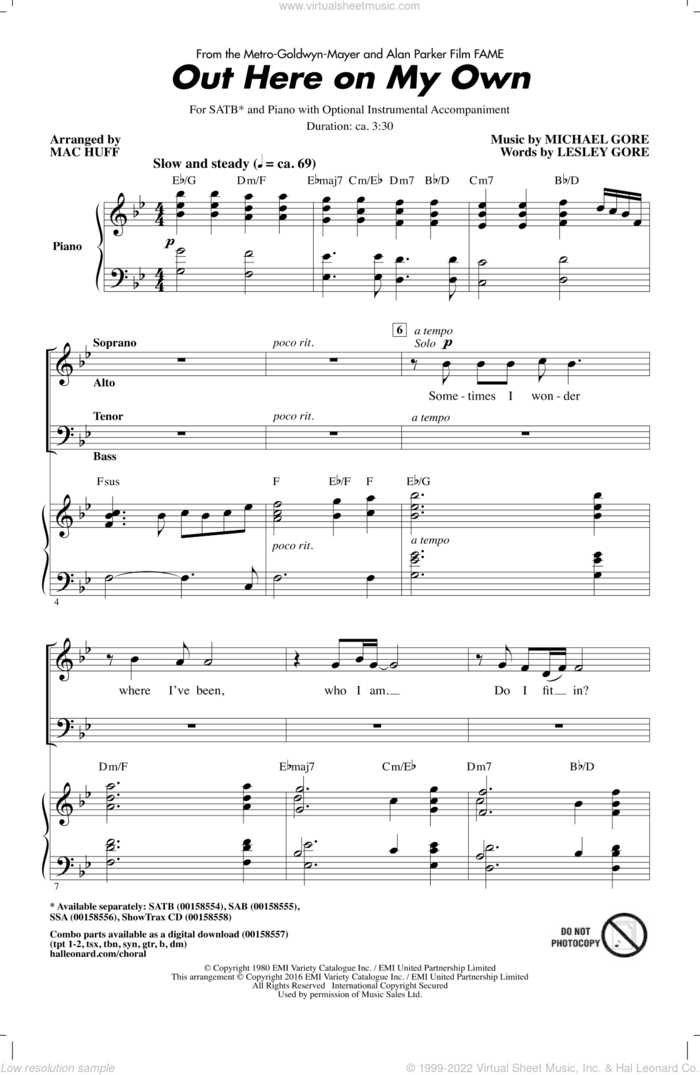 Out Here On My Own (from Fame) (arr. Mac Huff) sheet music for choir (SATB: soprano, alto, tenor, bass) by Michael Gore, Mac Huff and Lesley Gore, intermediate skill level
