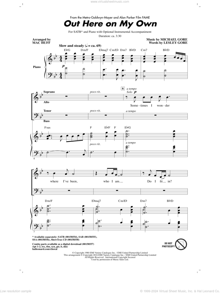 Out Here On My Own (from Fame) (arr. Mac Huff) sheet music for choir (SATB: soprano, alto, tenor, bass) by Michael Gore, Mac Huff and Lesley Gore, intermediate skill level