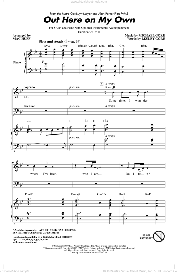 Out Here On My Own (from Fame) (arr. Mac Huff) sheet music for choir (SAB: soprano, alto, bass) by Michael Gore, Mac Huff and Lesley Gore, intermediate skill level