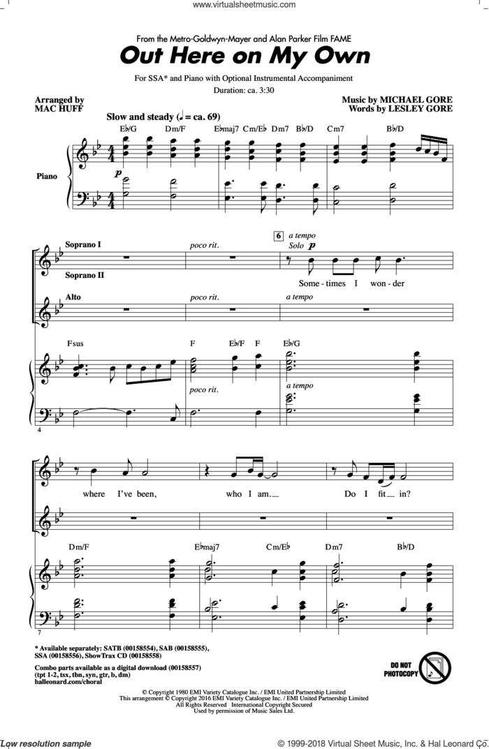 Out Here On My Own (from Fame) (arr. Mac Huff) sheet music for choir (SSA: soprano, alto) by Michael Gore, Mac Huff and Lesley Gore, intermediate skill level