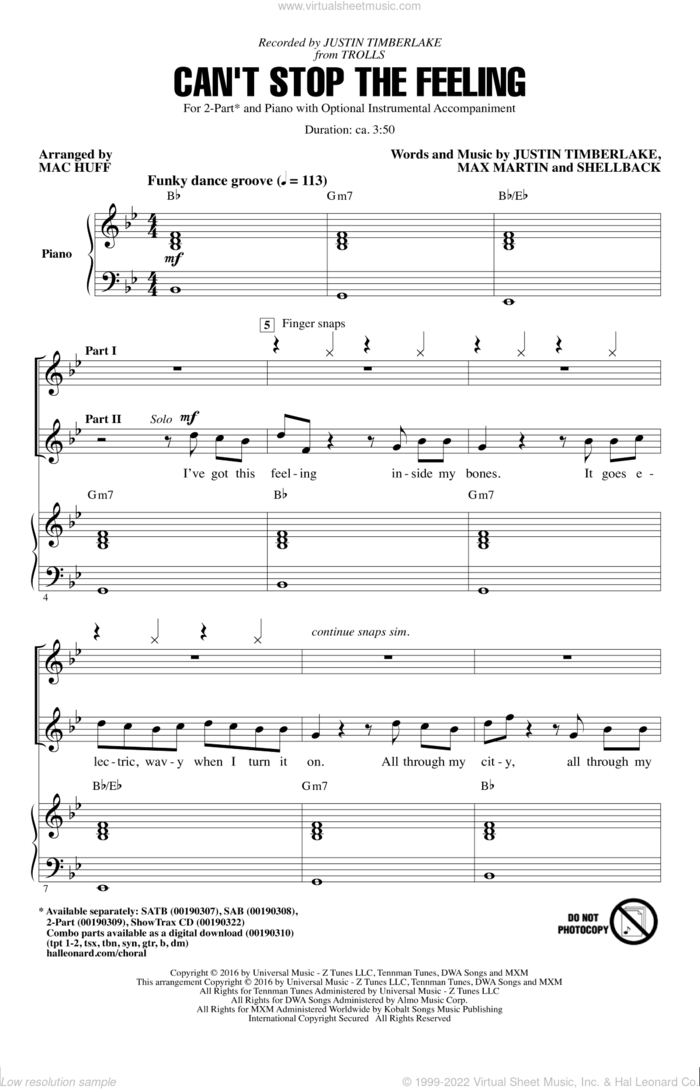 Can't Stop The Feeling (from Trolls) (arr. Mac Huff) sheet music for choir (2-Part) by Max Martin, Mac Huff, Justin Timberlake, Johan Schuster and Shellback, intermediate duet