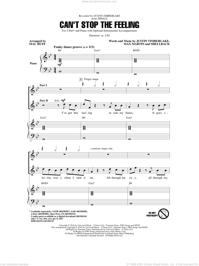 Can't Stop The Feeling (from Trolls) (arr. Mac Huff) sheet music for choir (2-Part) by Max Martin, Mac Huff, Justin Timberlake, Johan Schuster and Shellback, intermediate duet