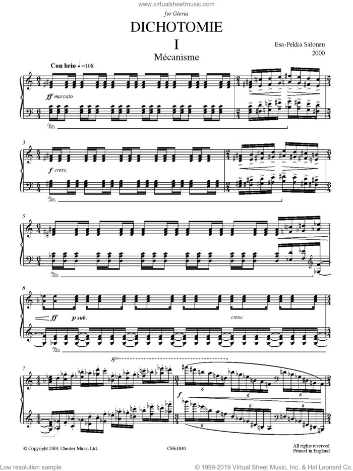 Dichotomie I - Mechanisme sheet music for piano solo by Esa-Pekka Salonen, classical score, intermediate skill level