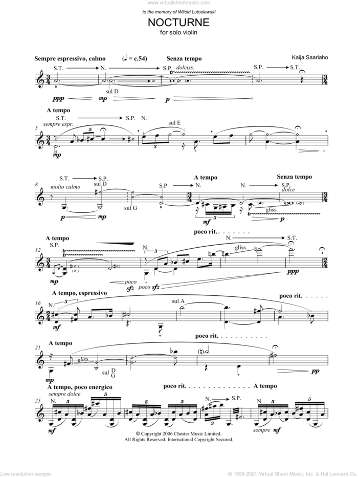Nocturne sheet music for violin solo by Kaija Saariaho, classical score, intermediate skill level