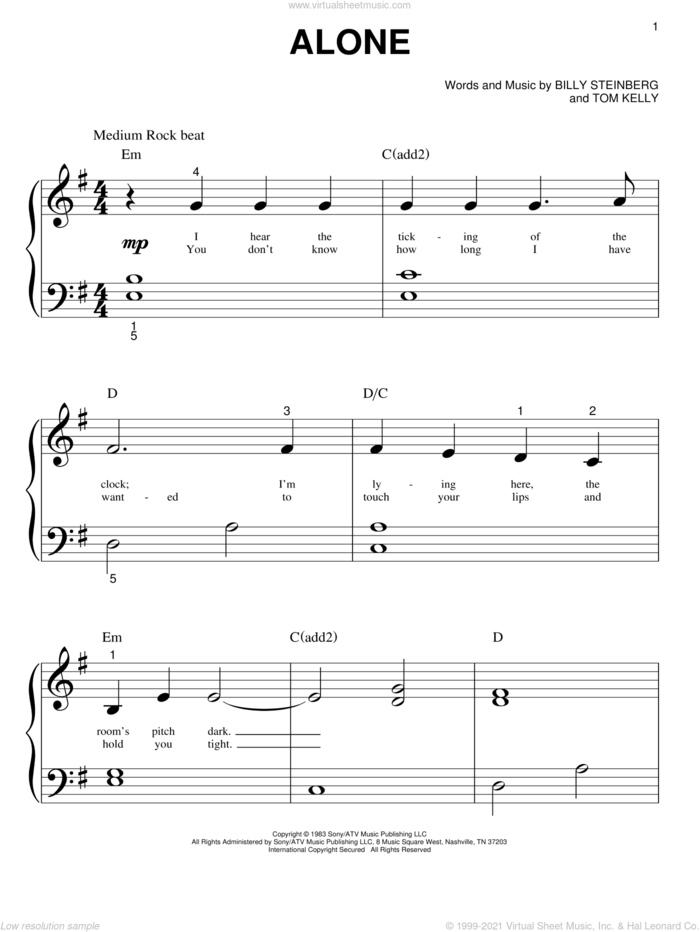 Alone sheet music for piano solo (big note book) by Heart, Billy Steinberg and Tom Kelly, easy piano (big note book)