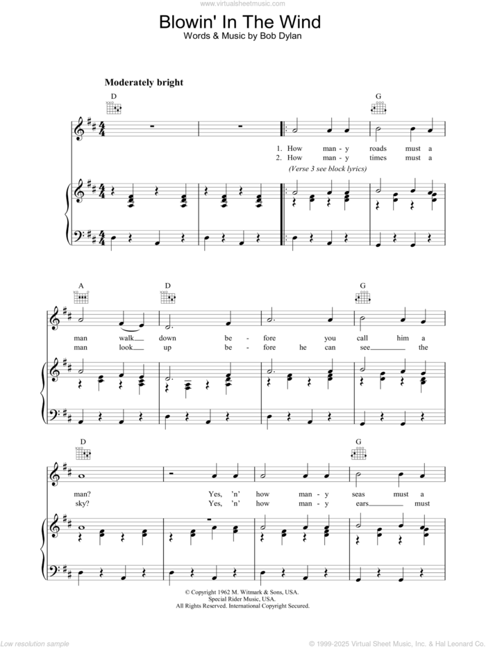 Blowin' In The Wind sheet music for voice, piano or guitar by Bob Dylan and Peter, Paul & Mary, intermediate skill level