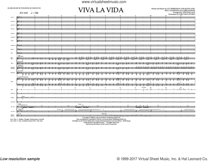 Viva La Vida (COMPLETE) sheet music for marching band by Coldplay, Chris Martin, Guy Berryman, Jon Buckland, Tom Wallace and Will Champion, intermediate skill level