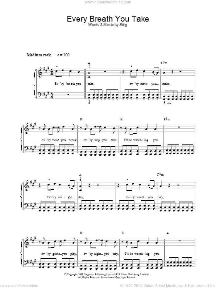 Every Breath You Take, (easy) sheet music for piano solo by The Police and Sting, easy skill level