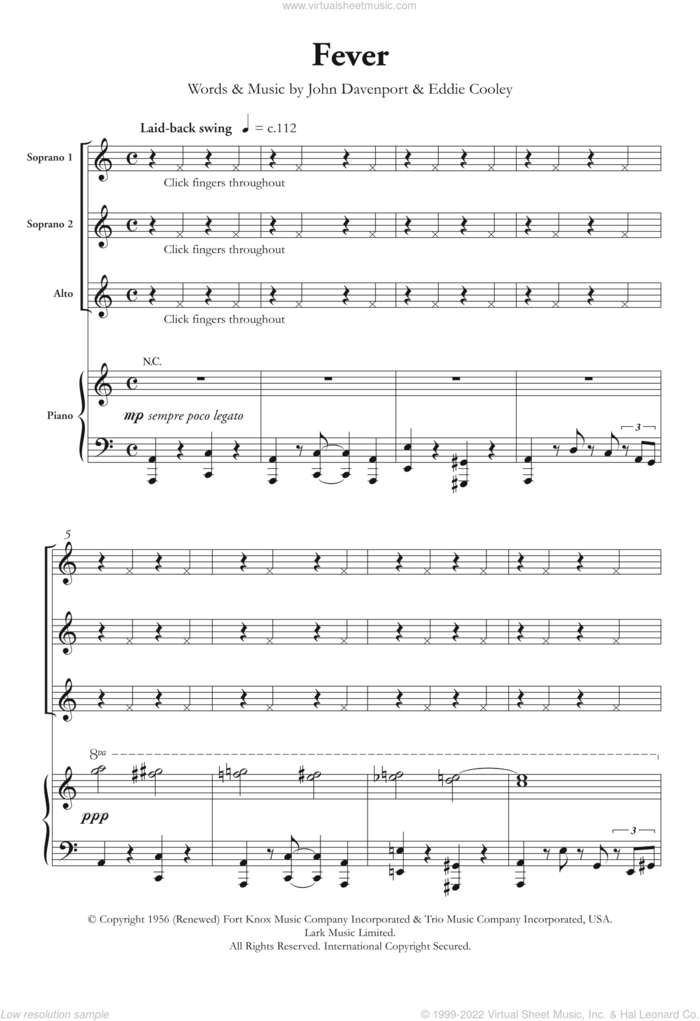 Fever (arr. Berty Rice) sheet music for choir (SSA: soprano, alto) by Peggy Lee, Berty Rice, Eva Cassidy, Eddie Cooley and John Davenport, intermediate skill level
