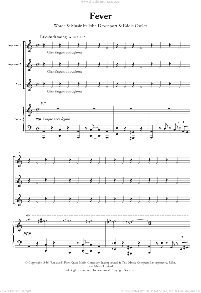 Fever (arr. Berty Rice) sheet music for choir (SSA: soprano, alto) by Peggy Lee, Berty Rice, Eva Cassidy, Eddie Cooley and John Davenport, intermediate skill level