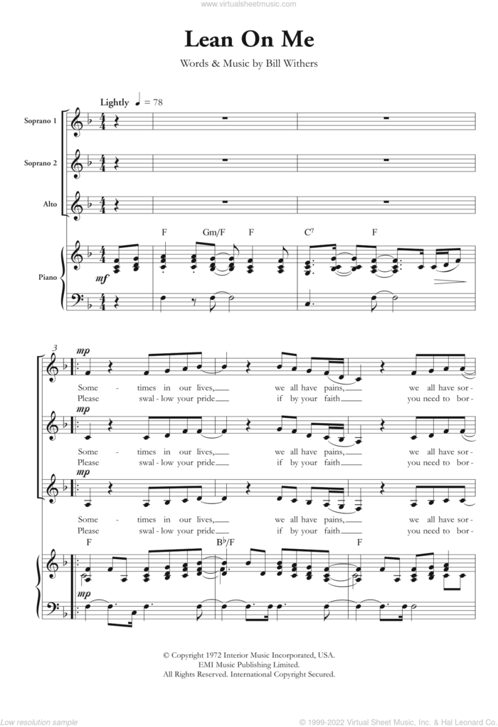 Lean On Me (arr. Berty Rice) sheet music for choir (SSA: soprano, alto) by Bill Withers and Berty Rice, intermediate skill level