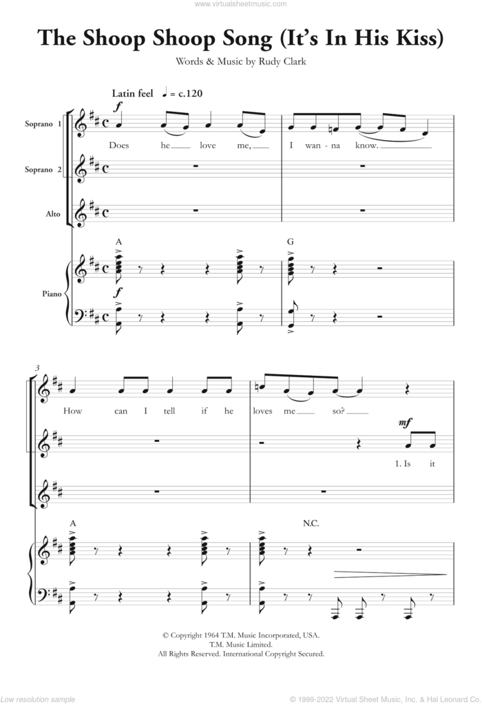 The Shoop Shoop Song (It's In His Kiss) (arr. Berty Rice) sheet music for choir (SSA: soprano, alto) by Cher, Berty Rice and Rudy Clark, intermediate skill level