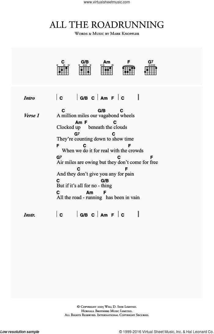 All The Roadrunning sheet music for guitar (chords) by Mark Knopfler, intermediate skill level