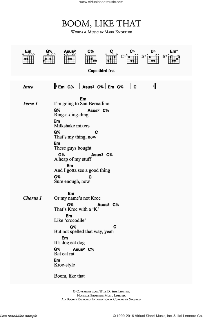 Boom, Like That sheet music for guitar (chords) by Mark Knopfler, intermediate skill level