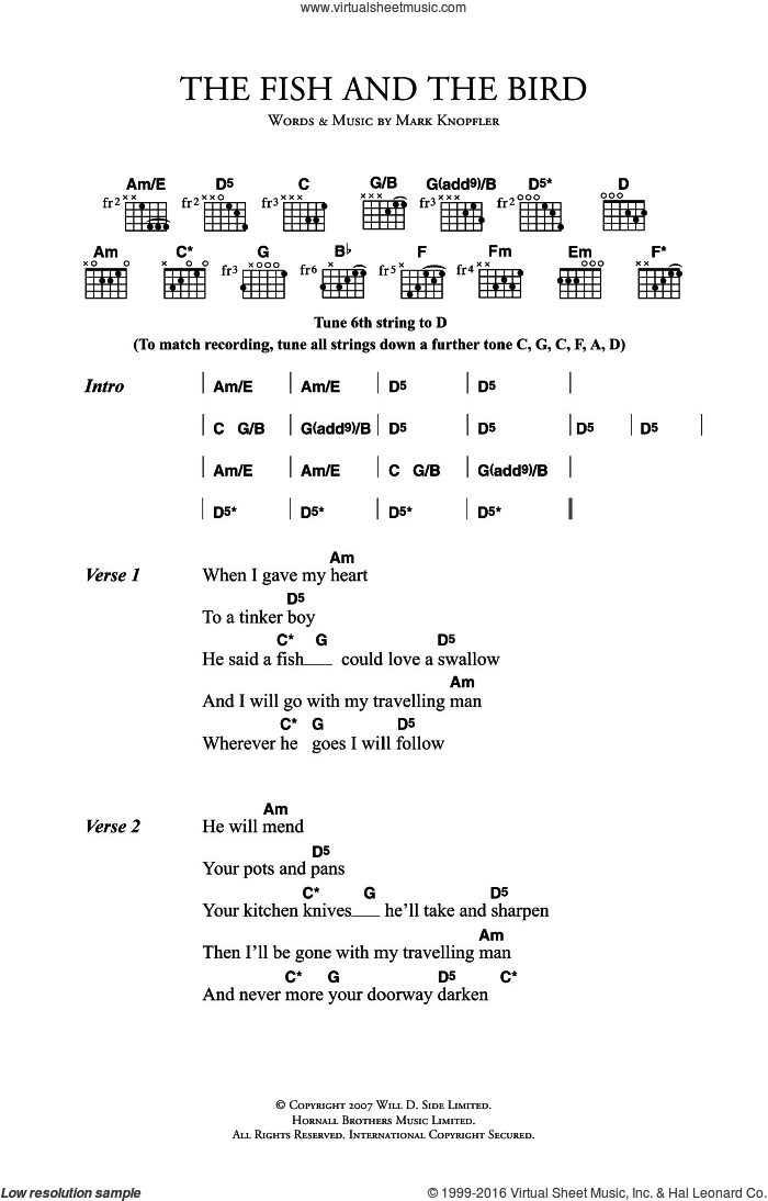 The Fish And The Bird sheet music for guitar (chords) by Mark Knopfler, intermediate skill level
